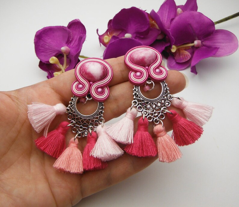 GYPSY PRINCESS soutache earrings TASSEL pink rose fucsia fuchsia gold handmade hand made jewellery jewellry