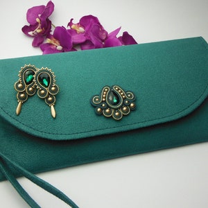 Emerald Green Gold Soutache Handbag Earrings, bag hand made, jewellery set, bottle green image 1