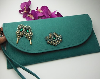 Emerald Green Gold  Soutache Handbag Earrings, bag hand made, jewellery set, bottle green