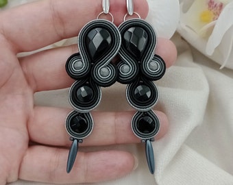 Boucles d'oreilles, soutache NOIR onyx, fait à la main bijoux, cadeau de Noël