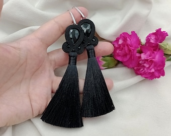 GYPSY PRINCESS  soutache earrings TASSEL black long, hand made jewellery boho hippie