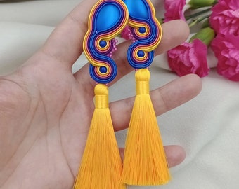 Long boho earrings,  clip-on earrings, rainbow earrings, large soutache earrings, colorful earrings, earrings for summer, tassel earrings