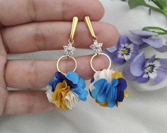 Colorful earrings, sky blue earrings, chiffon earrings, flower chiffon earrings, delicate boho jewellery, boho feather