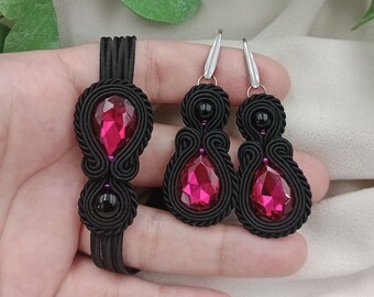 Hand made jewelry, victorian jewelry set, crystal jewelry, amaranth black earrings soutache bracelet set, pink bling bling set