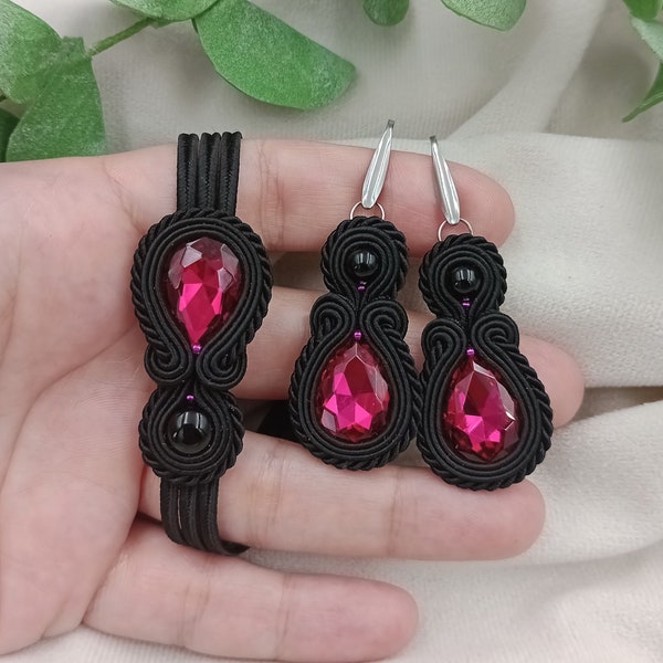 SOUTACHE boucles d'oreilles bracelet, cristaux bijoux, FUCHSIA NOIR