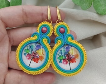 PENDIENTES SOUTACHE floral azul beige, soutache joyas, aretes de turquesa, aretes de flores, aretes populares, aretes étnicos,