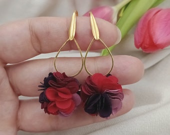 Maroon red bordeaux earrings, boho chic earrings, chiffon earrings, flower chiffon earrings, delicate boho jewellery, boho feather