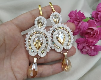 White gold earrings soutache wedding BRIDE SET, champagne gold earrings