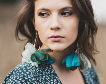 Boho earrings, Flower earrings, large floral earrings, mint earrings, long floral green earrings, artistic large earrings, emerald flowers