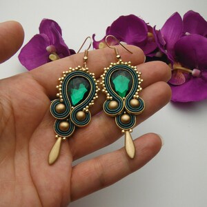 Emerald Green Gold Soutache Handbag Earrings, bag hand made, jewellery set, bottle green image 5