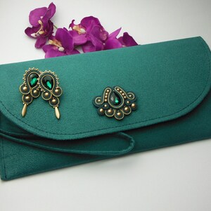 Emerald Green Gold Soutache Handbag Earrings, bag hand made, jewellery set, bottle green image 2