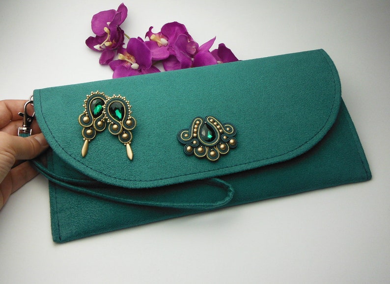 Emerald Green Gold Soutache Handbag Earrings, bag hand made, jewellery set, bottle green image 2