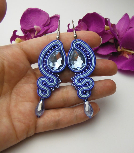 COBALT CRYSTAL large earrings soutache avant garde earrings unique earrings royal blue crystal jewelry large earrings