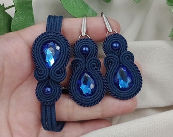 Navy Blue earrings soutache bracelet set jewellery set, dark blue, marine blue, crystal set