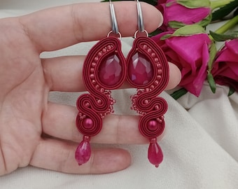 Orecchini lunghi soutache, orecchini lunghi bordeaux, orecchini per abito in pizzo, clip bordeaux, clip lunghe bordeaux, orecchini a clip