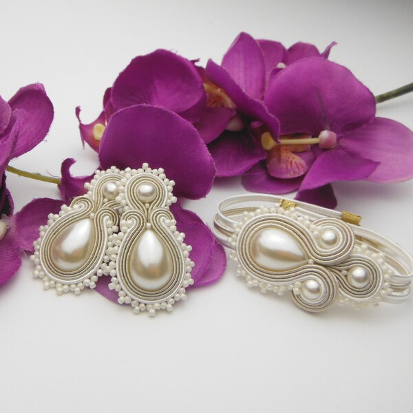 Ensemble de bijoux de mariée SOUTACHE IVOIRE, vintage boucles d'oreilles, bracalet de soutache