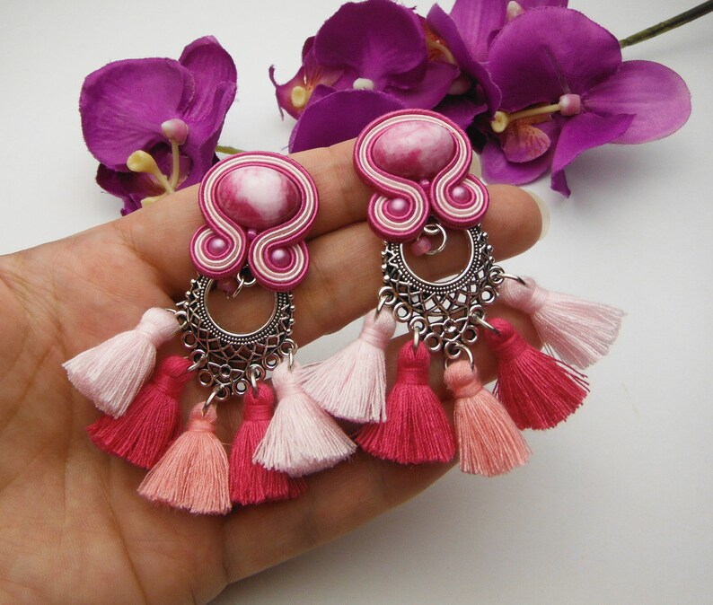 GYPSY PRINCESS soutache earrings TASSEL pink rose fucsia fuchsia gold handmade hand made jewellery jewellry