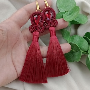 dark red  soutache earrings TASSEL red, drops earrings, red tassel earrings, chandelier drop jewellery, boho hippie, crystal
