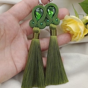 Pendientes soutache, Pendientes largos de color verde, pendientes de esmeralda, pendientes de color verde oscuro, de color verde oscuro imagen 2