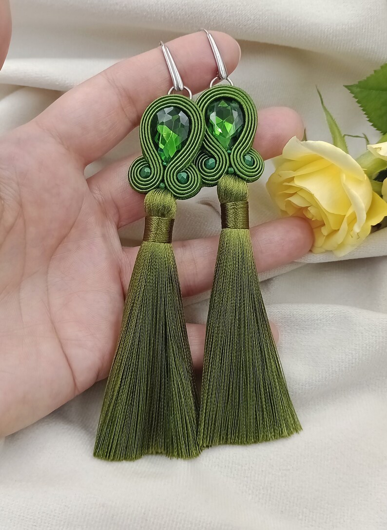 Pendientes soutache, Pendientes largos de color verde, pendientes de esmeralda, pendientes de color verde oscuro, de color verde oscuro imagen 2