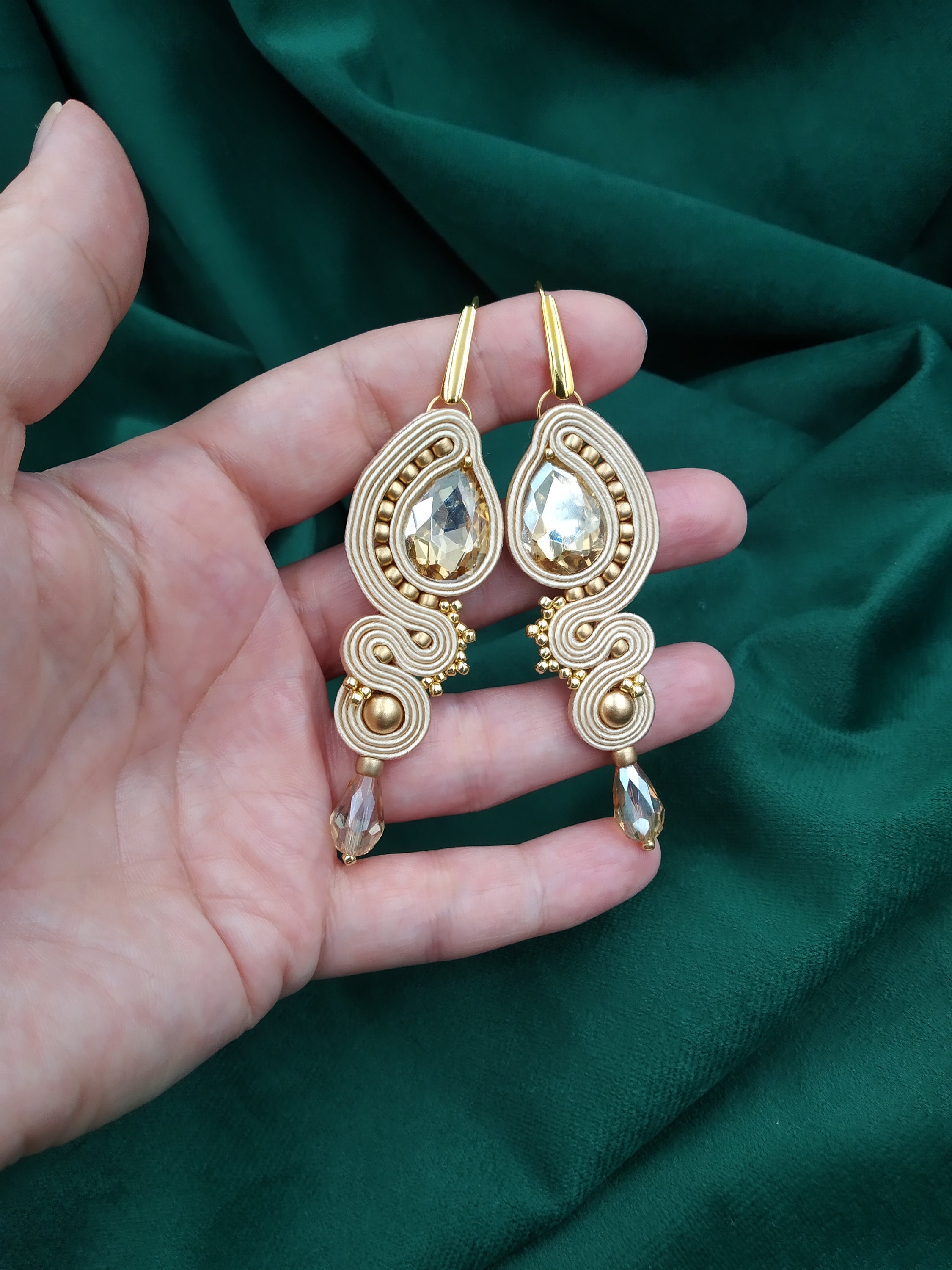 Ivory crystal beige ecru earrings soutache Bride bridal | Etsy