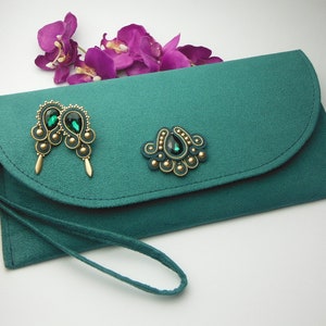 Emerald Green Gold Soutache Handbag Earrings, bag hand made, jewellery set, bottle green image 4
