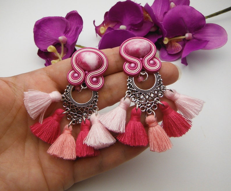 GYPSY PRINCESS soutache earrings TASSEL pink rose fucsia fuchsia gold handmade hand made jewellery jewellry