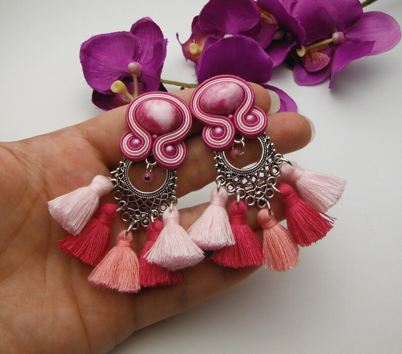 GYPSY PRINCESS soutache earrings TASSEL pink rose fucsia fuchsia gold handmade hand made jewellery jewellry