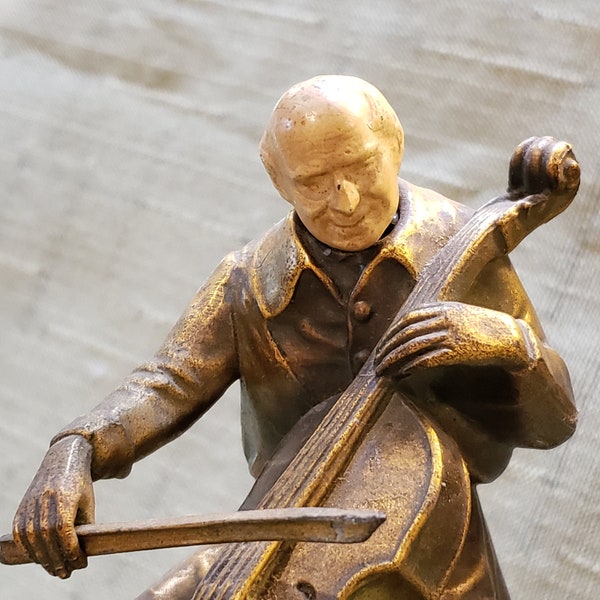 Vintage JB Hirsch The Cellist Sculpture Music Box WITH Bow 1932 With JBH Foundry Mark Ivorine Head Metal Figurine
