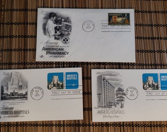 Vintage First Day of Issue Postage Stamps, Honoring America's Hospitals and Their Dedicated Staff, American Pharmacy Partners In Health