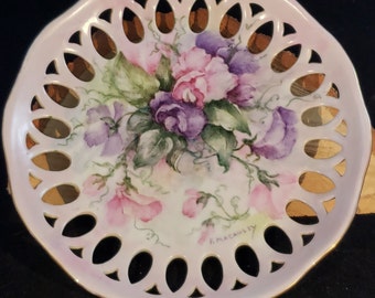 Vintage Unsigned Floral Decorative Ceramic Plate, Pink and Purple Flowers Drawing by F Macauley Gold Tone Scalloped Edge Reticulated Border