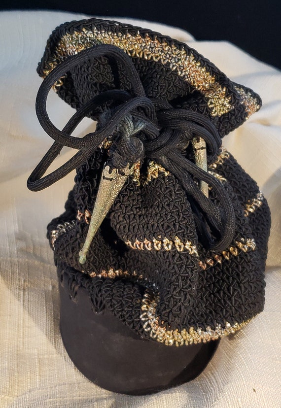 Vintage Unsigned Crochet Black Purse with Gold Str