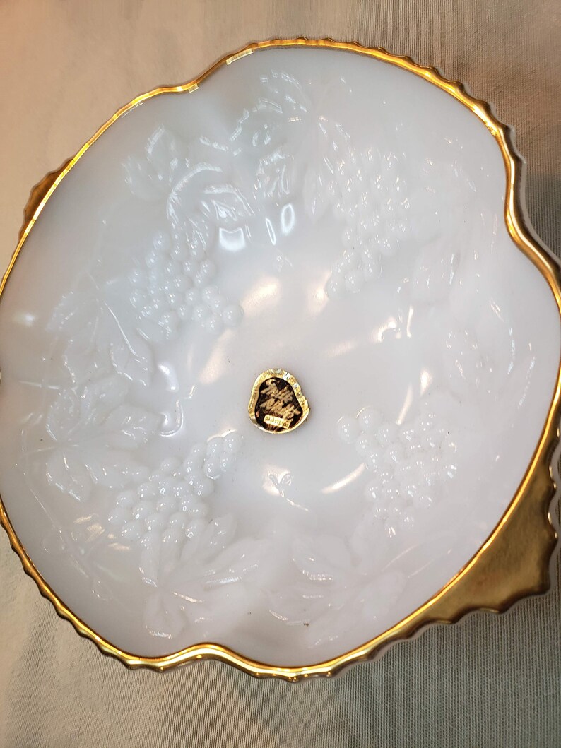 Vintage Milkglass Serving Bowl With Gold Rim Featuring Leaves Etsy