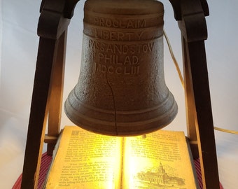 Vintage Working Unsigned Liberty Bell Table Lamp With Wood Stand/Enclosure And Faux Book Base, Free Moving Bell, Original Electrical Cord