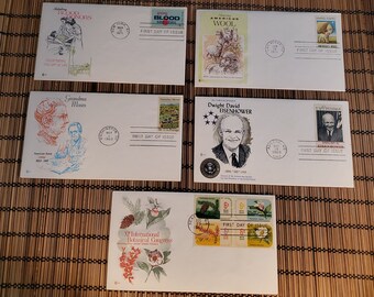 Vintage First Day of Issue Postage Stamps, Grandma Moses, Dwight Eisenhower XIth International Botanical Congress American Wool Blood Donors