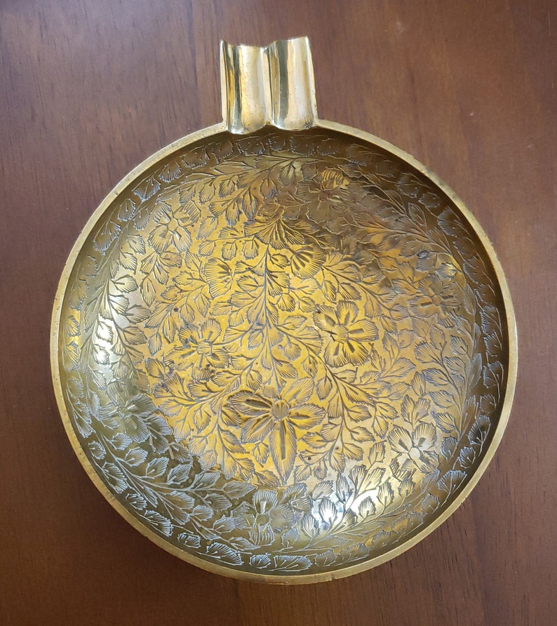 Vintage J.D. India Solid Brass Footed Round Ashtray Etched Etsy