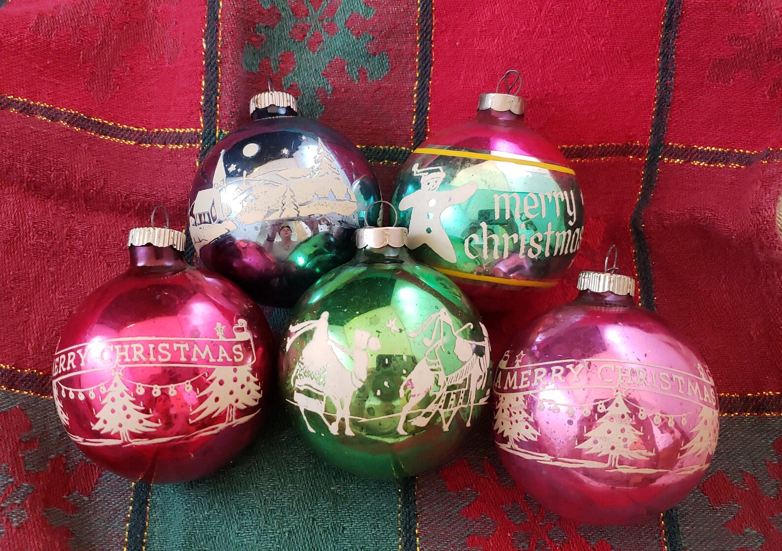 Five Vintage Breakable Ornaments With Decals in Green Blue Etsy