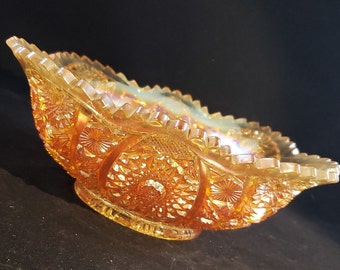 Vintage Unsigned Early American Pressed Glass Iridescent Marigold Display Bowl with Sawtooth Scalloped Edge, Sunburst Pattern, #vintageeapg