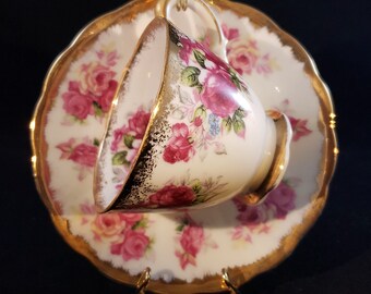 Vintage Original Napco Hand Painted China Tea Cup and Saucer, Red and White Roses Bouquet, Gold Tone Scalloped Rim, Original Sticker