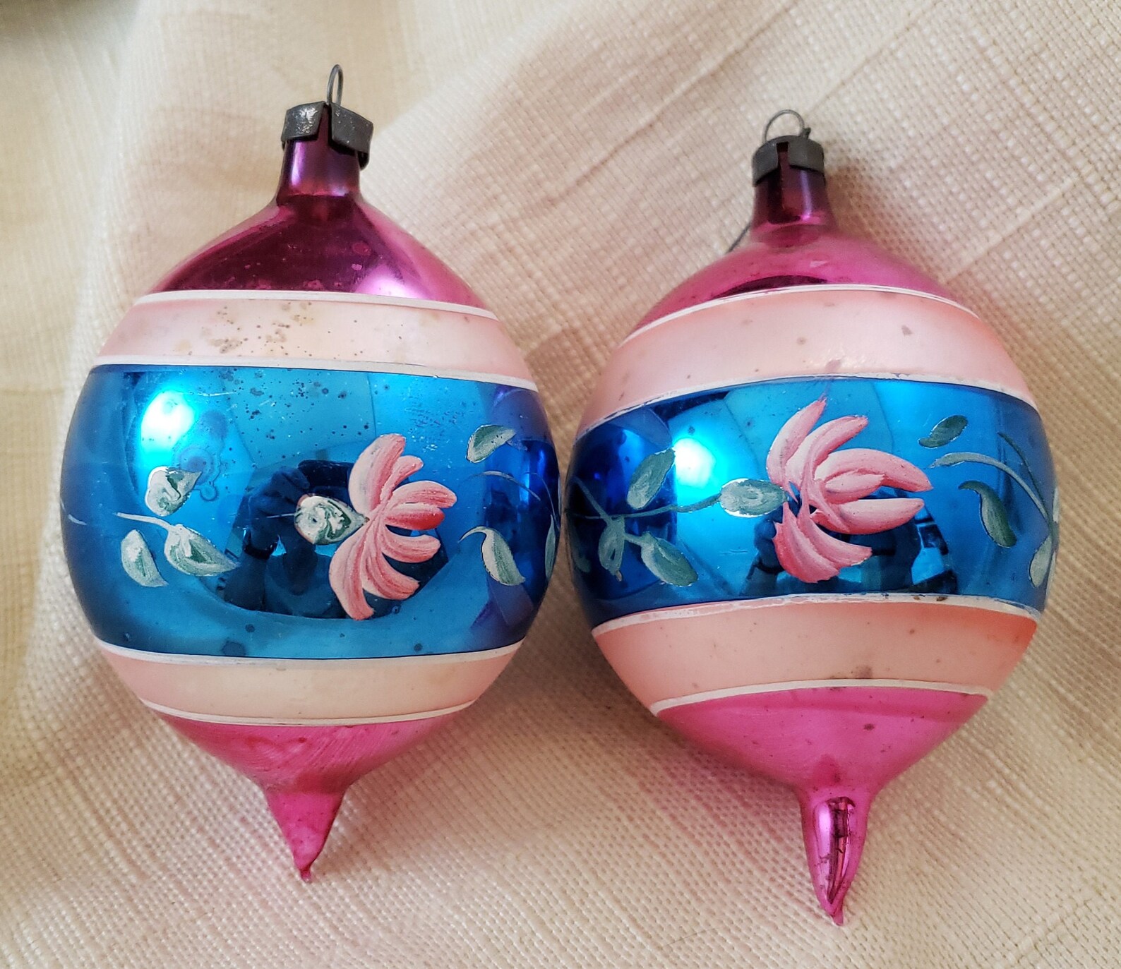 Pair of Vintage Breakable Ornaments Center Wide Blue Stripe Etsy