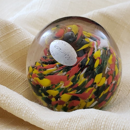 Vintage Murano Art Glass Paperweight Featuring Yellow, Orange, Green shops and White Swirl Pattern Surrounded by Clear Glass, Made in Italy