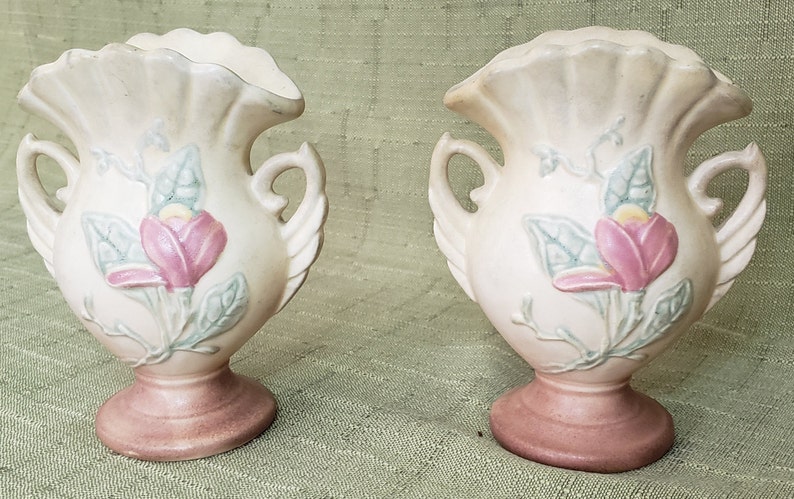 Vintage Pair of Hull Art Floral Theme Double Handle Vase Pastel Matte Pottery In Mid Century Style Made In The USA