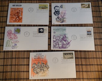 Vintage First Day of Issue Postage Stamps, Fort Snelling, John Wesley Powell, Antarctic Treaty, Pilgrims Landing, Stone Mountain Memorial