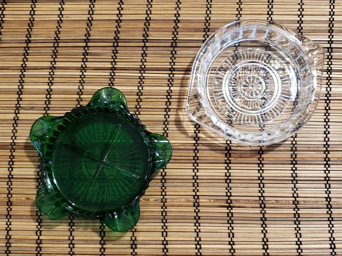 Two Vintage Glass Ashtrays Green Ashtray Featuring A Sunburst Etsy