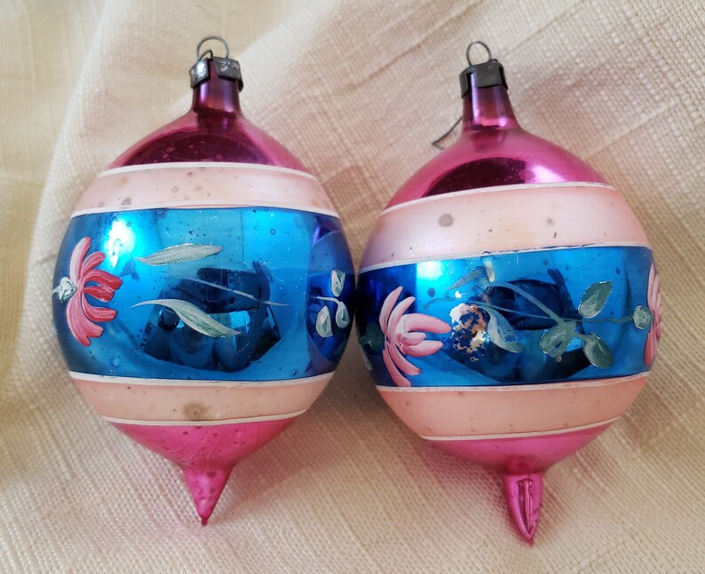 Pair of Vintage Breakable Ornaments Center Wide Blue Stripe Etsy