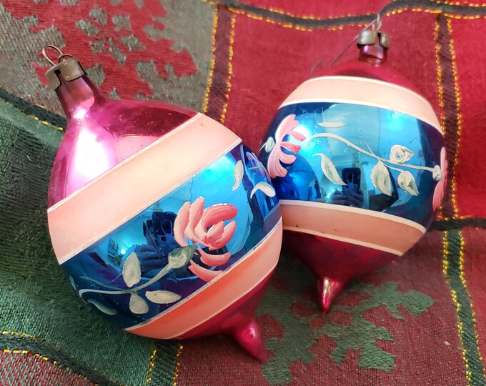 Pair of Vintage Breakable Ornaments, Center Wide Blue Stripe With Pink