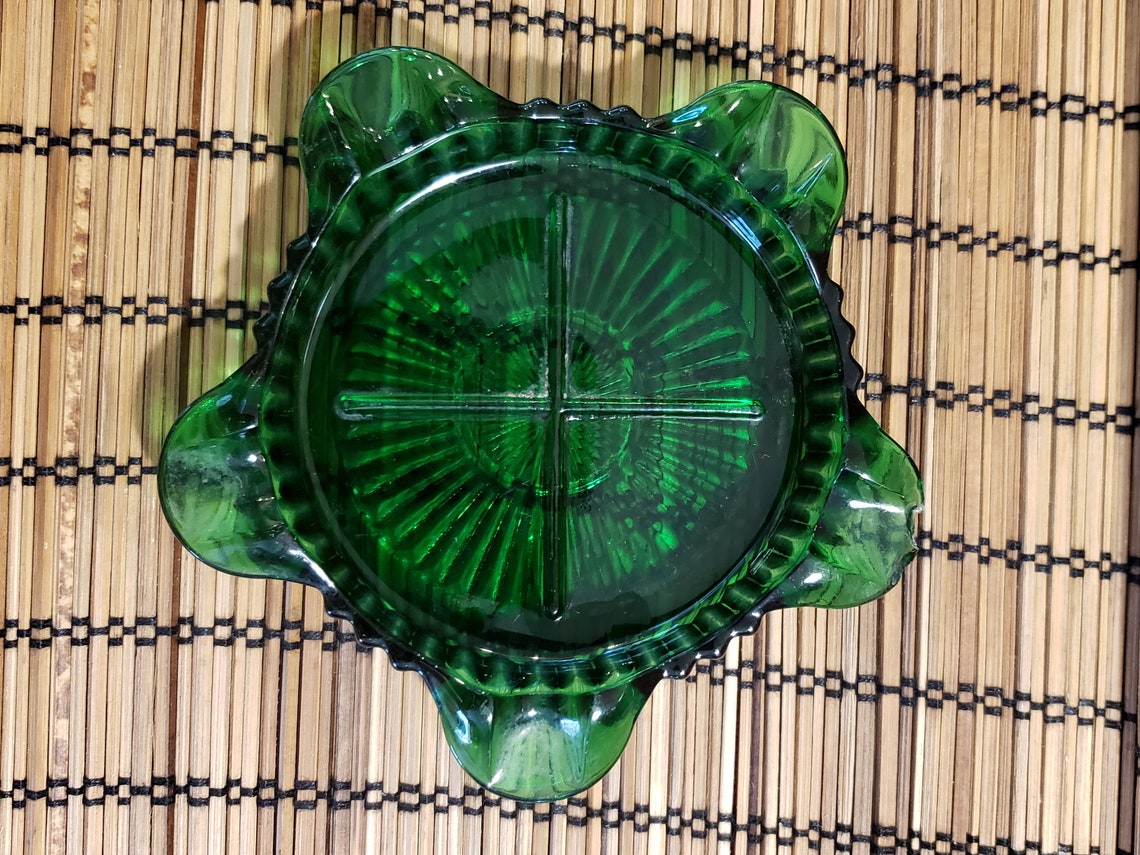 Two Vintage Glass Ashtrays Green Ashtray Featuring A Sunburst Etsy