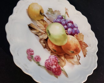 Vintage ZS & C Bavaria Fruit Still Life Centerpiece Ceramic Decorative Round Plate with Scalloped Edge Featuring Apples, Grapes, Raspberry