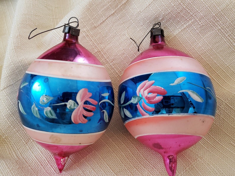 Pair of Vintage Breakable Ornaments Center Wide Blue Stripe Etsy