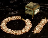 Creamy light pink necklace, bracelet, handmade festive original jewelery set "Sparks of a champagne", pearls, rose quartz, seed beads, gems